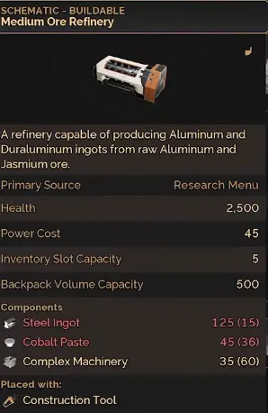 Medium Ore Refinery requirements in Dune Awakening