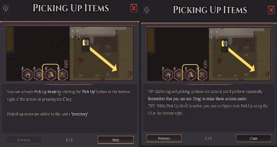 Dungeon Settlers Pickup Mode marking dungeon loot and resources for collection