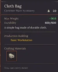 Dungeon Settlers Cloth Bag showing Max Weight plus 50
