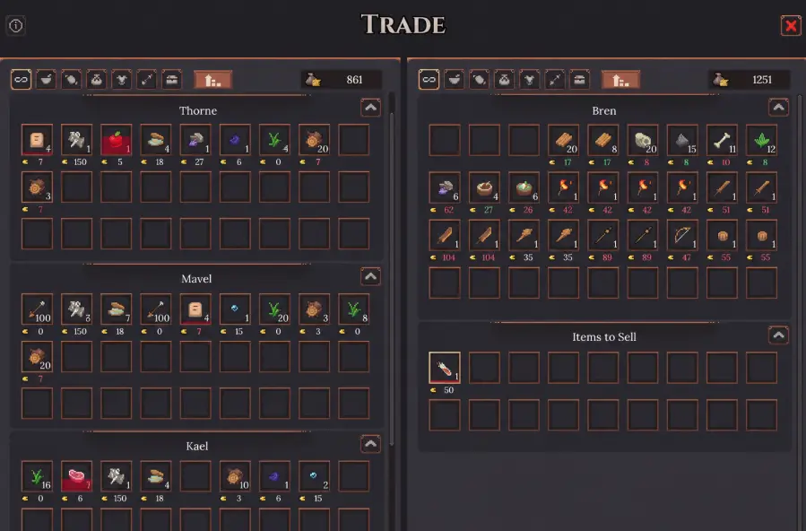 Dungeon Settlers trade screen with a dungeon merchant selling wood bone stone and processed materials