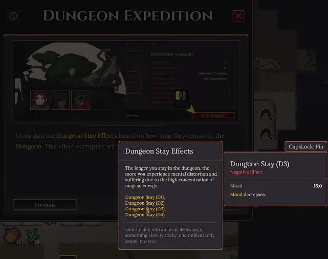 Dungeon Settlers Dungeon Stay D3 showing a minus 16 Mood penalty