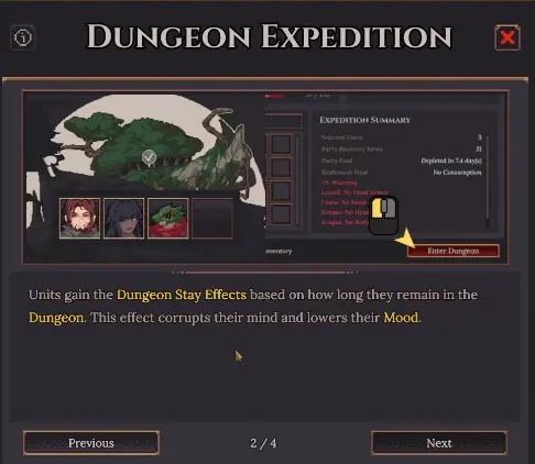 Dungeon Settlers expedition planning screen with party members destination and expedition information