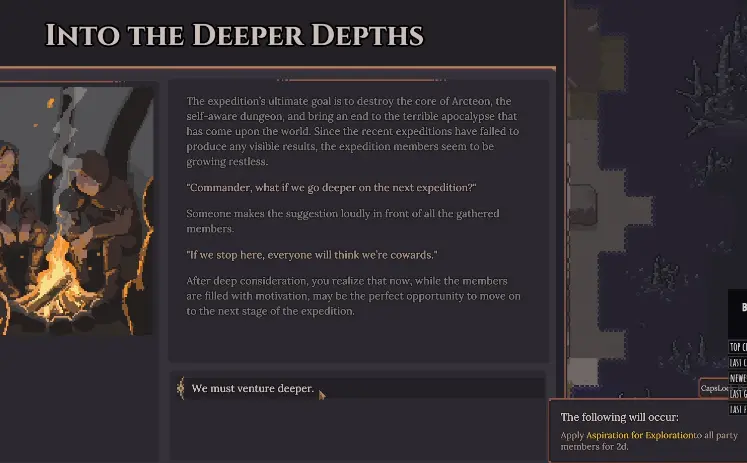 Dungeon Settlers Into the Deeper Depths event applying Aspiration for Exploration for two days