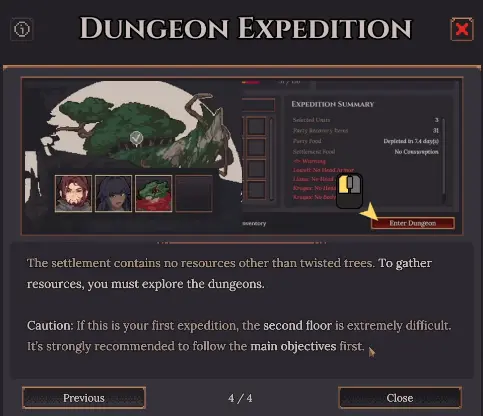 Dungeon Settlers expedition warning saying the second floor is extremely difficult