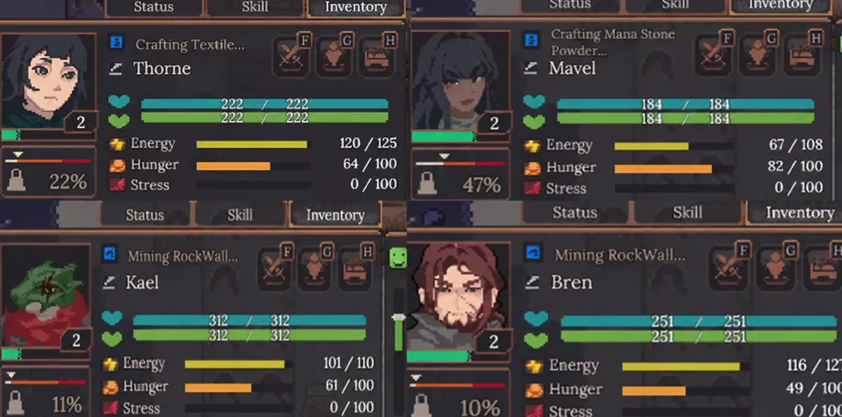 Dungeon Settlers four-person expedition with all four active members at Level 2