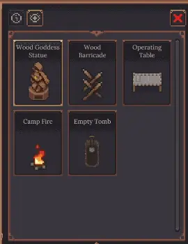 Dungeon Settlers Special construction menu showing the Wooden Goddess Statue