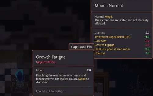 Dungeon Settlers Growth Fatigue showing a minus 2 Mood penalty on a settler at maximum EXP