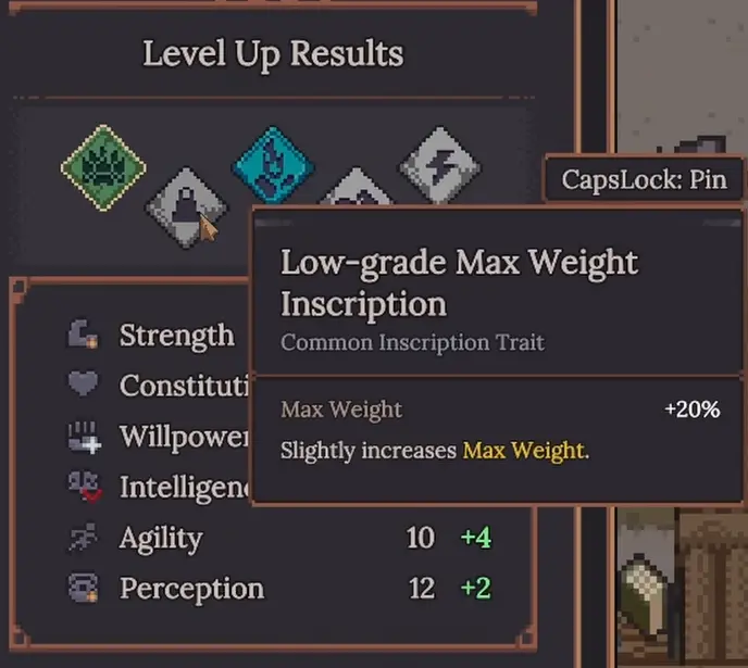 Dungeon Settlers Level Up Results showing a Low-grade Max Weight Inscription plus 20 percent and Major Stat increases