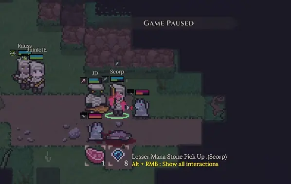 Dungeon Settlers character picking up a Lesser Mana Stone in the dungeon
