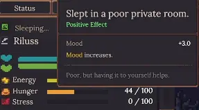 Dungeon Settlers Poor Private Room effect showing a plus 3 Mood bonus