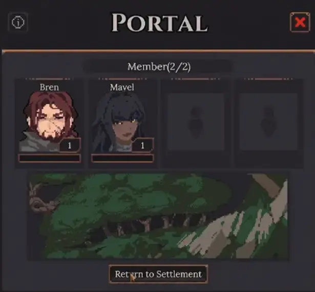 Dungeon Settlers settlement portal return screen showing expedition members ready to return