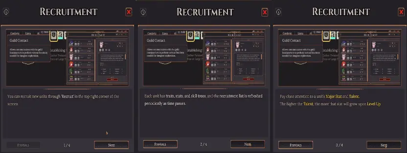Dungeon Settlers Recruitment screen explaining traits Major Stats Talent and skill information