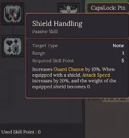 Dungeon Settlers Shield Handling showing Guard Chance plus 10 percent and Attack Speed plus 20 percent