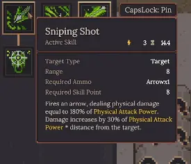 Dungeon Settlers Sniping Shot showing 180 percent Physical Attack Power plus 30 percent per tile of distance