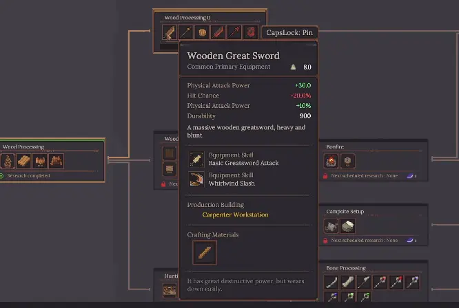 Dungeon Settlers Wooden Great Sword showing plus 30 Physical Attack Power minus 20 percent Hit Chance and 900 Durability