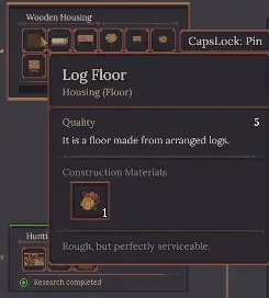 Dungeon Settlers Log Floor showing Quality 5