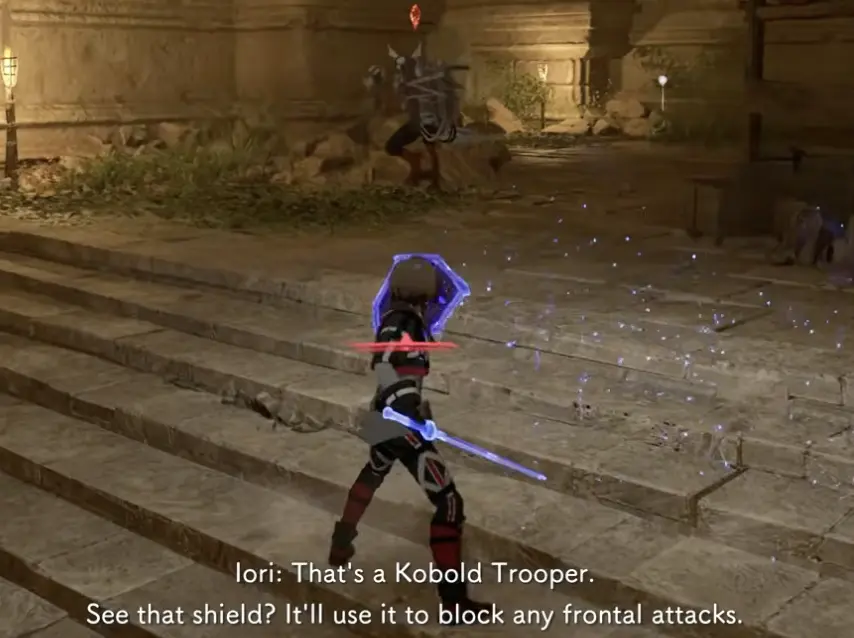 Echoes of Aincrad Cobalt Trooper blocking frontal attacks with a shield