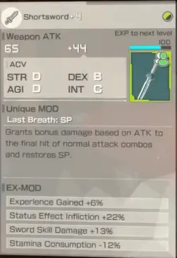 Echoes of Aincrad Short Sword plus 4 stats with Last Breath SP and four EX-Mods