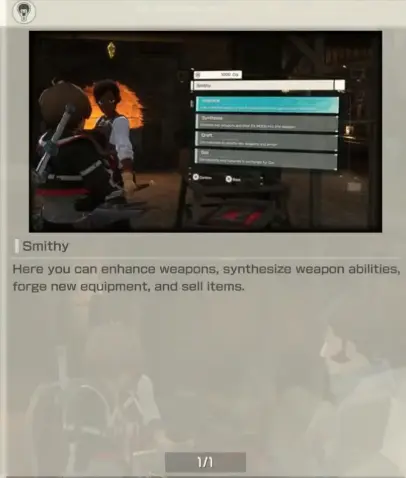 Echoes of Aincrad Smithy tutorial explaining enhancement, synthesis, forging and selling
