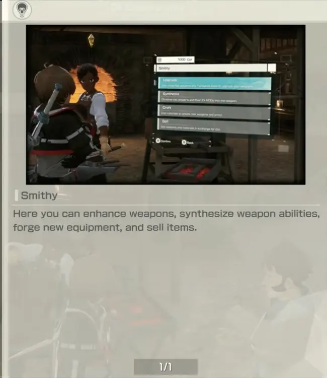 Echoes of Aincrad Smithy tutorial explaining enhancement, synthesis, forging and selling