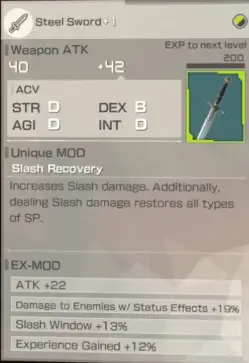 Echoes of Aincrad Steel Sword plus 1 stats with Slash Recovery and EX-Mods