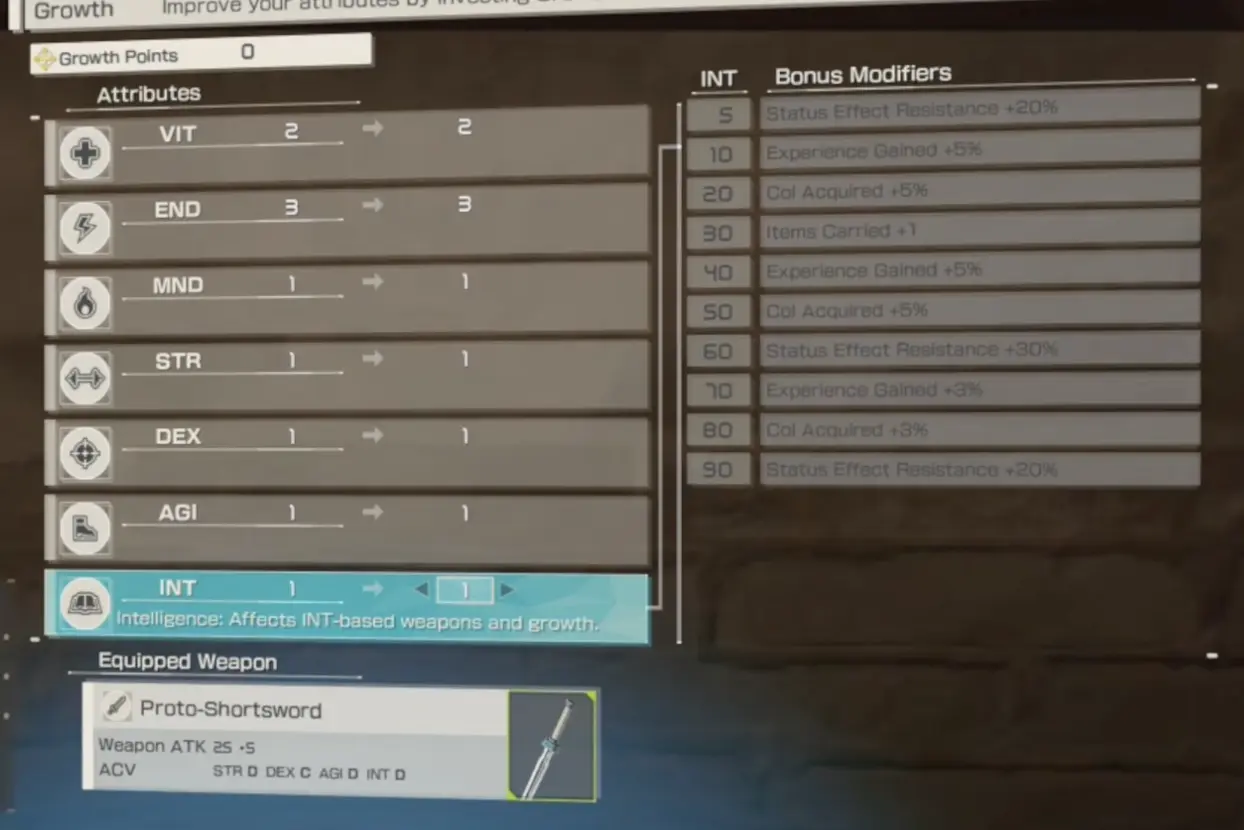Echoes of Aincrad Growth menu showing equipped weapon, attributes, modifiers and ACV