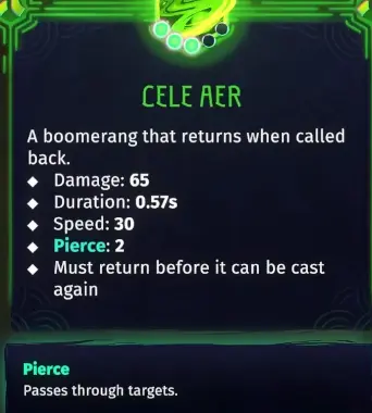 Echoes of Mystralia Cele Aer showing 65 damage, 0.57 second duration, 30 speed and 2 Pierce