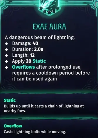 Echoes of Mystralia Exae Aura showing 40 damage, 2 second duration, 12 length, 20 Static and Overflow