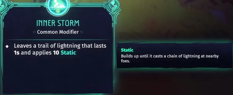 Echoes of Mystralia Inner Storm Common Modifier showing a one-second lightning trail and 10 Static