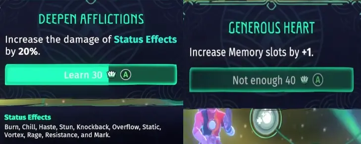 Echoes of Mystralia Lotus tree showing upgrade costs increasing after a purchase