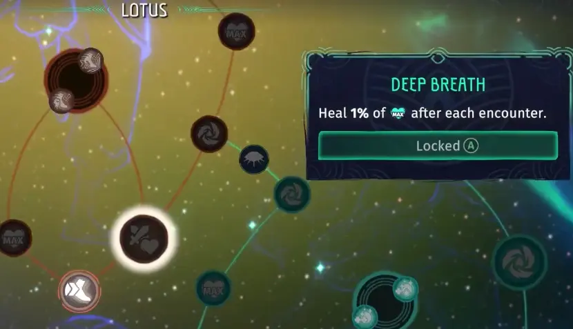 Echoes of Mystralia Lotus upgrade branch with encounter healing and health upgrades