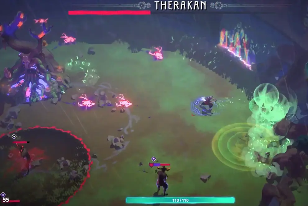 Therakan launching boulders during the boss fight in Echoes of Mystralia