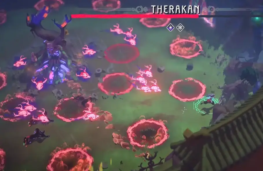 Therakan using a lightning attack during the boss fight in Echoes of Mystralia