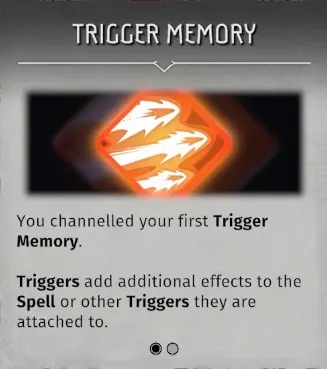 Echoes of Mystralia Trigger Memory tutorial explaining that Triggers add effects to Spells or other Triggers
