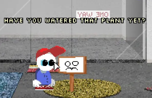 Melo using the Transparent Mug to water the founder's Office plant