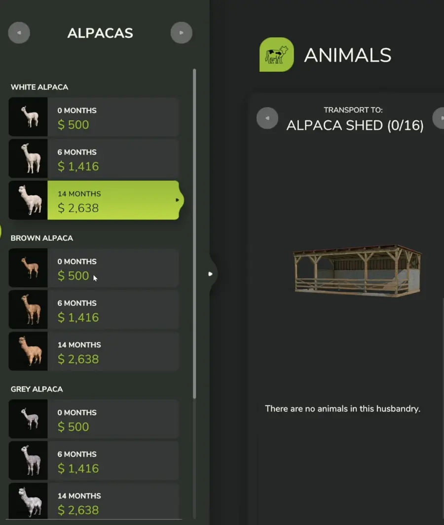 Alpaca animal purchase menu showing the newborn, six-month, and fourteen-month age options