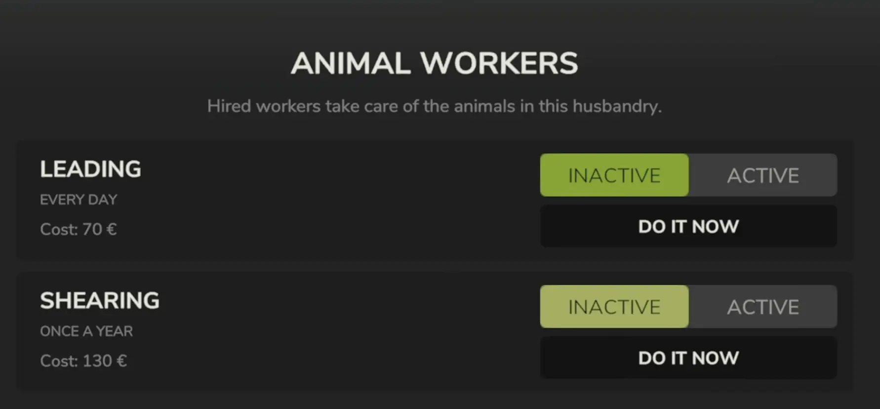 Alpaca Shed Manage Animal Workers screen showing separate leading and shearing assignments