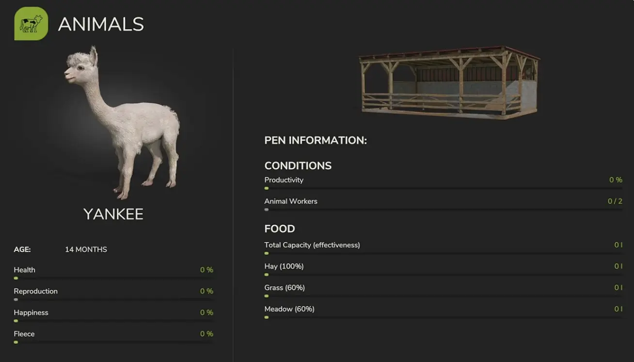 Alpaca Shed animal information showing hay at 100 percent effectiveness and grass and meadow at 60 percent