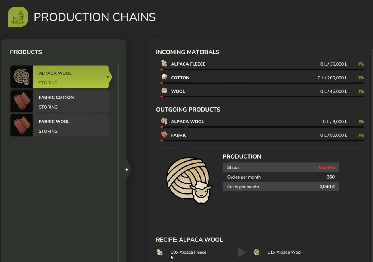 Spinnery production menu showing 10 units of Alpaca Fleece converted into 11 units of Alpaca Wool