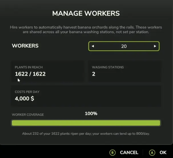 Banana worker management panel showing 1622 of 1622 plants in reach, full coverage, two washing stations, and daily worker capacity