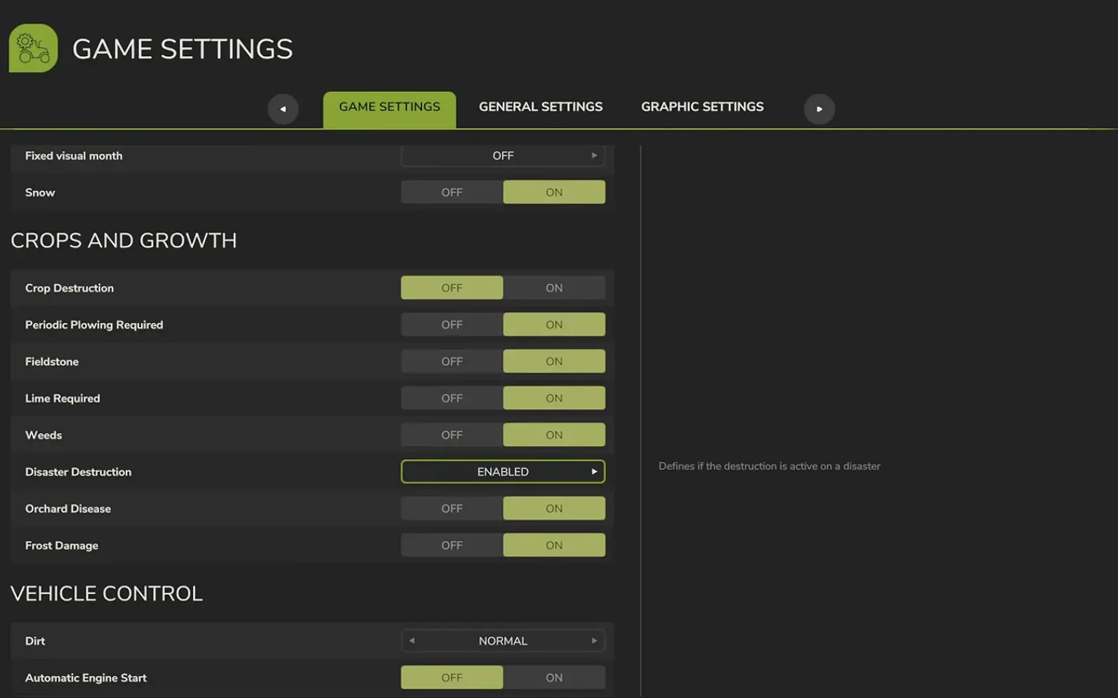 Farming Simulator 25 settings showing Orchard Disease and Frost Damage options