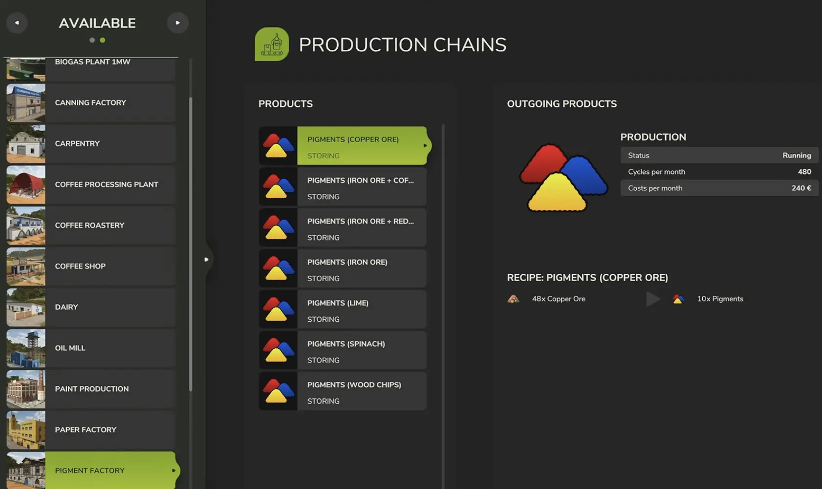 Pigment Factory production menu displaying its available pigment recipes and ingredient requirements