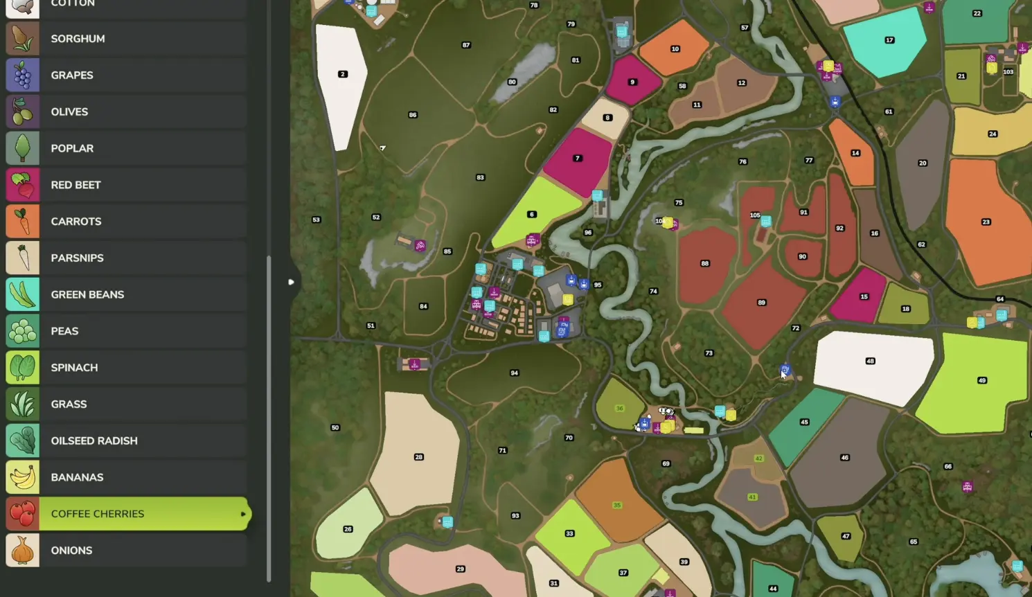 Catuaí crop map with Coffee Cherries selected, highlighting coffee fields including 88, 89, and 105