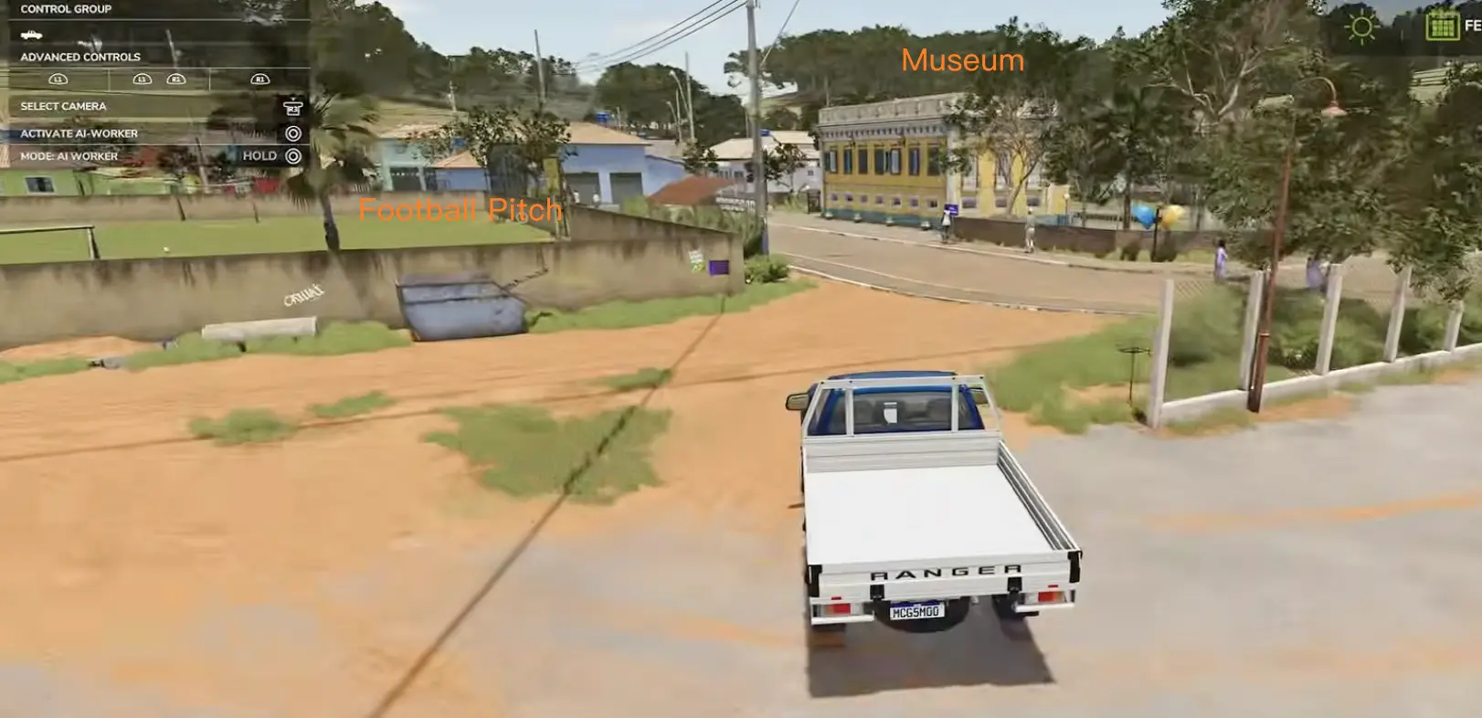 Catuaí village showing the football pitch and the museum building across the road