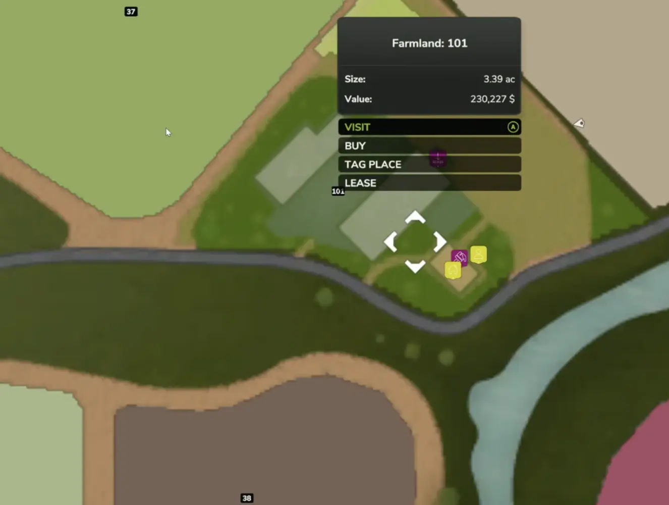 Catuaí Farmland 101 purchase map showing its location, 3.39-acre area, farm buildings, and $230,227 asking price