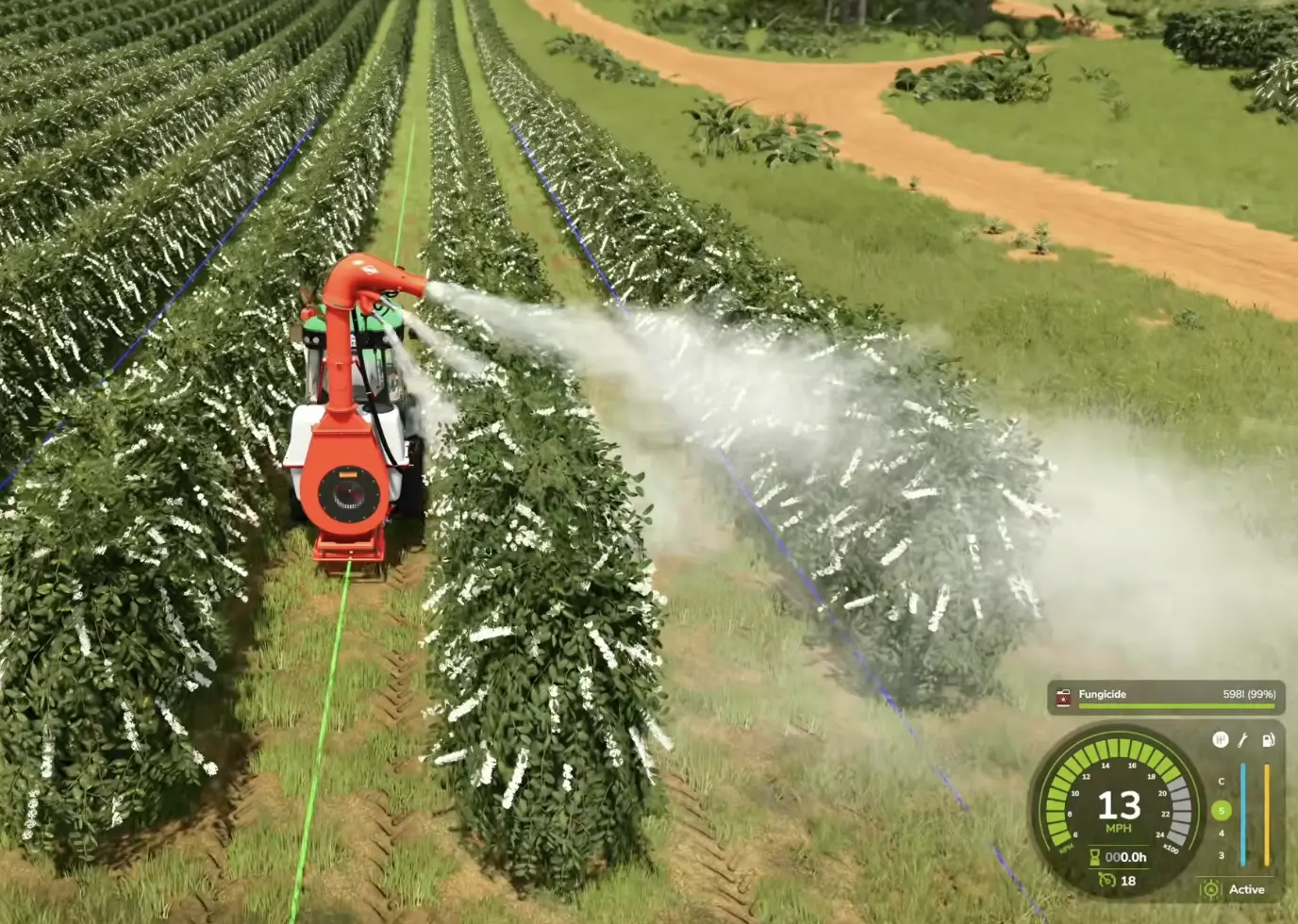 Coffee-configured fungicide sprayer treating adjacent rows of coffee plants