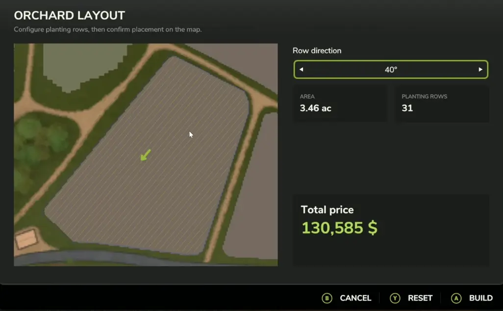 Coffee plantation construction interface showing a defined planting boundary and adjustable row direction