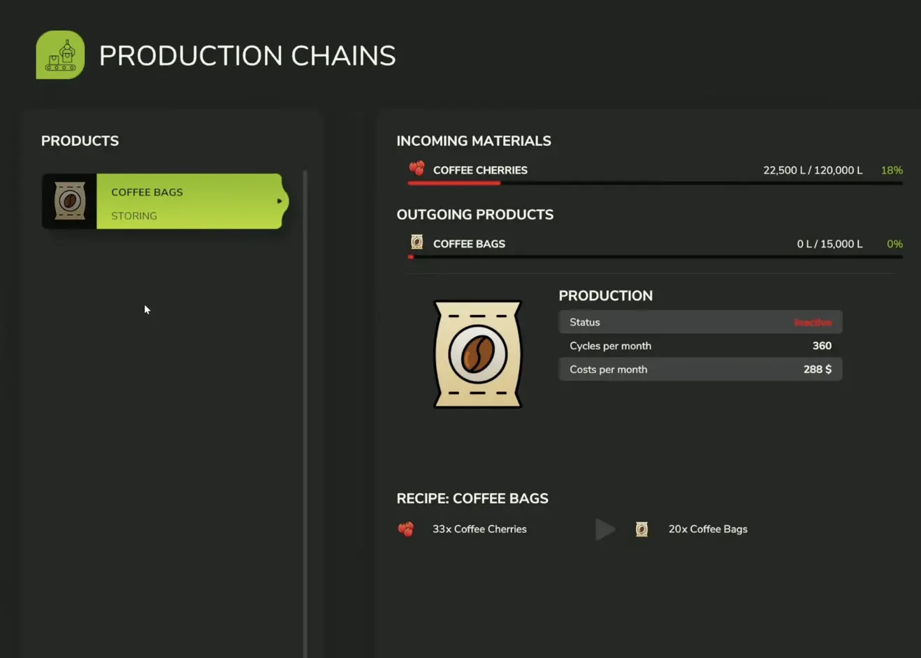 Coffee Processing Plant production menu showing coffee cherries as input and coffee bags as output