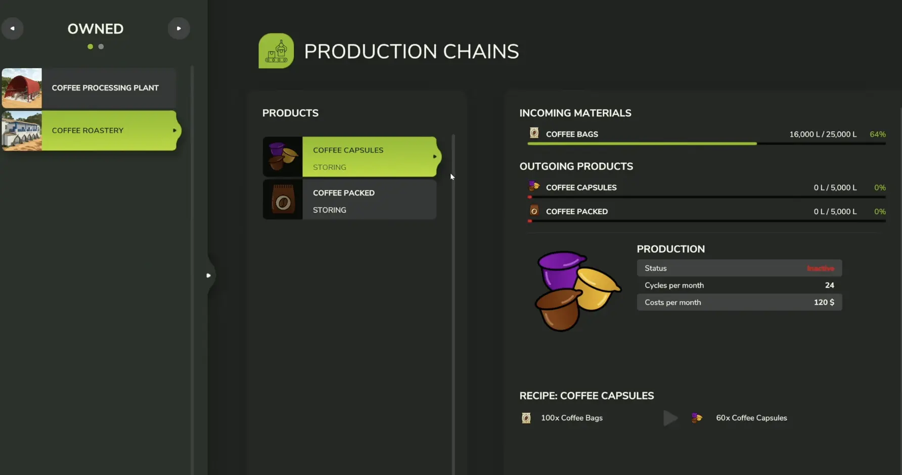 Coffee Roastery production screen showing 100 Coffee Bags converted into 60 Coffee Capsules