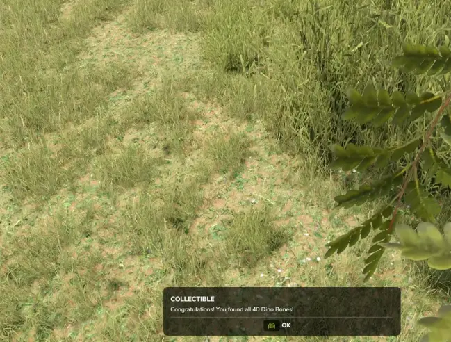 Farming Simulator 25 completion confirmation after finding all 40 dinosaur bones on Catuaí